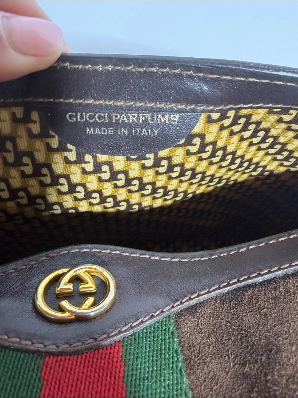 Gucci Brown Suede Clutch Bag with Green and Red Web Stripe